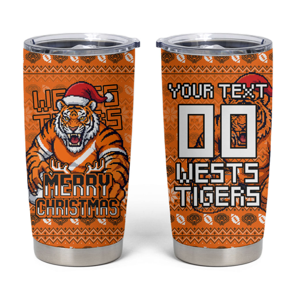 Personalized Wests Tigers Christmas Tumbler Cup Australian Rugby Fans - Pixelated Ugly Xmas Pattern Mascot Santa