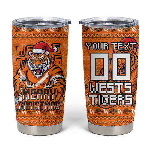 Personalized Wests Tigers Christmas Tumbler Cup Australian Rugby Fans - Pixelated Ugly Xmas Pattern Mascot Santa