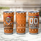 Personalized Wests Tigers Christmas Tumbler Cup Australian Rugby Fans - Pixelated Ugly Xmas Pattern Mascot Santa