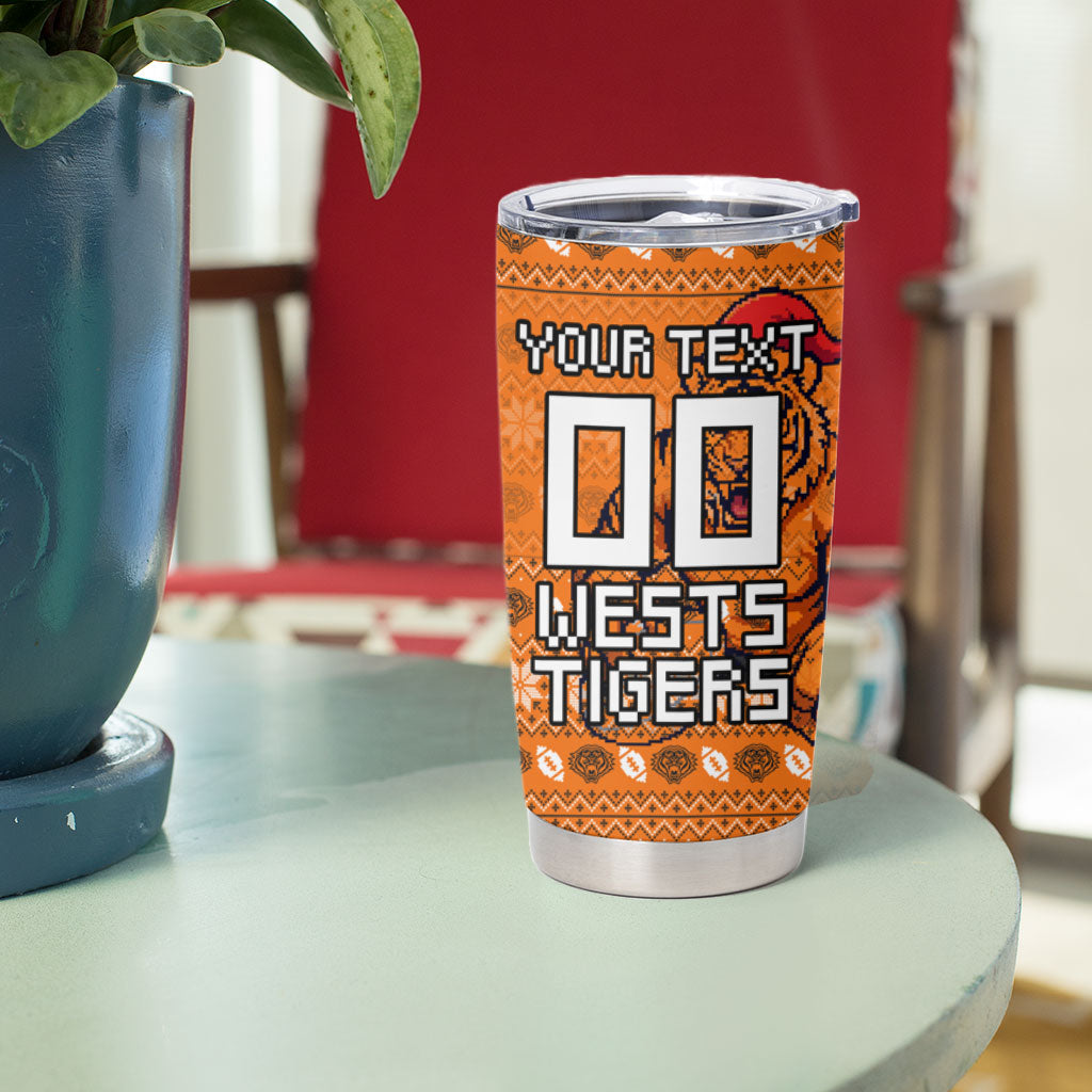 Personalized Wests Tigers Christmas Tumbler Cup Australian Rugby Fans - Pixelated Ugly Xmas Pattern Mascot Santa