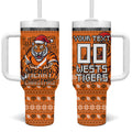 Personalized Wests Tigers Christmas Tumbler With Handle Australian Rugby Fans - Pixelated Ugly Xmas Pattern Mascot Santa