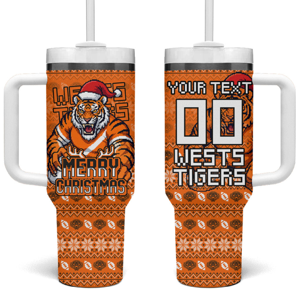 Personalized Wests Tigers Christmas Tumbler With Handle Australian Rugby Fans - Pixelated Ugly Xmas Pattern Mascot Santa