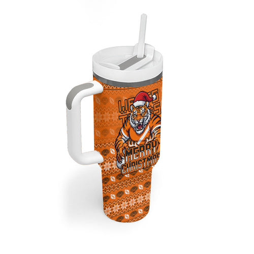 Personalized Wests Tigers Christmas Tumbler With Handle Australian Rugby Fans - Pixelated Ugly Xmas Pattern Mascot Santa