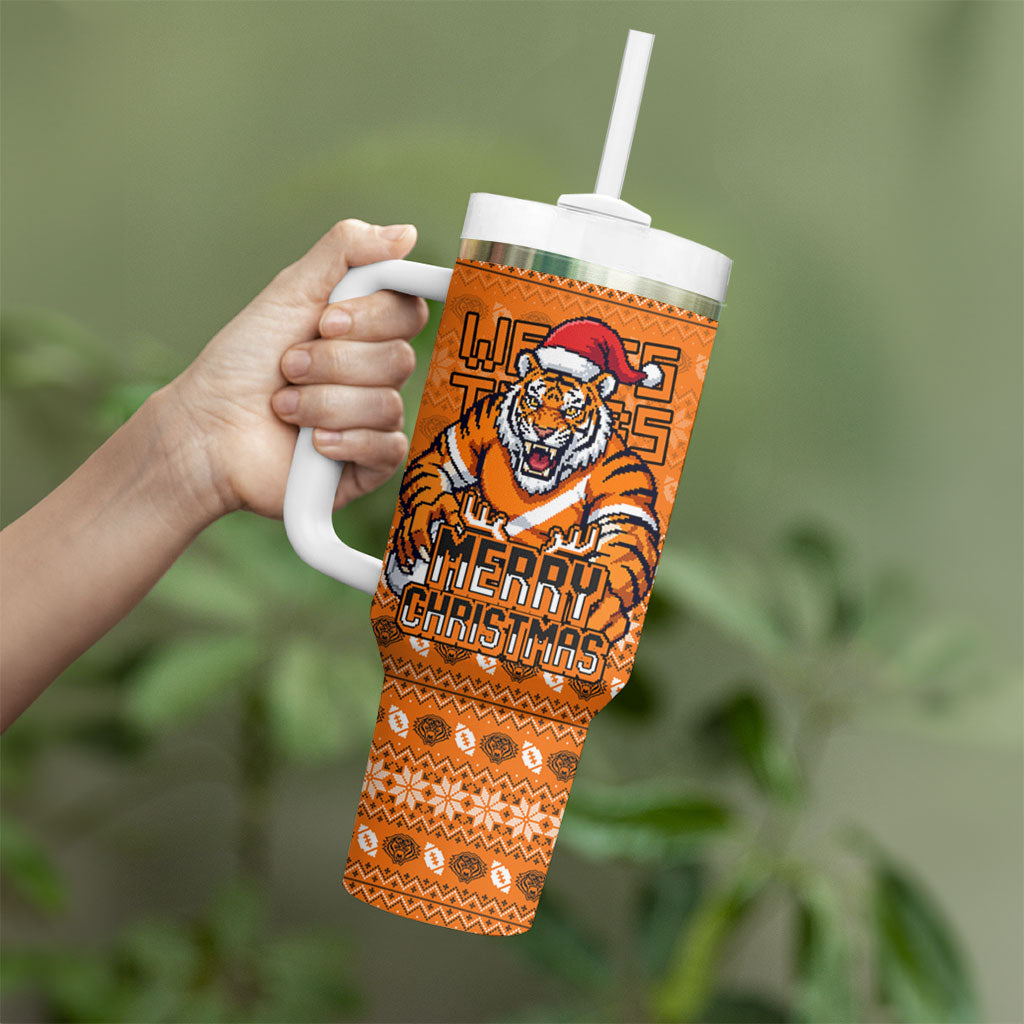 Personalized Wests Tigers Christmas Tumbler With Handle Australian Rugby Fans - Pixelated Ugly Xmas Pattern Mascot Santa