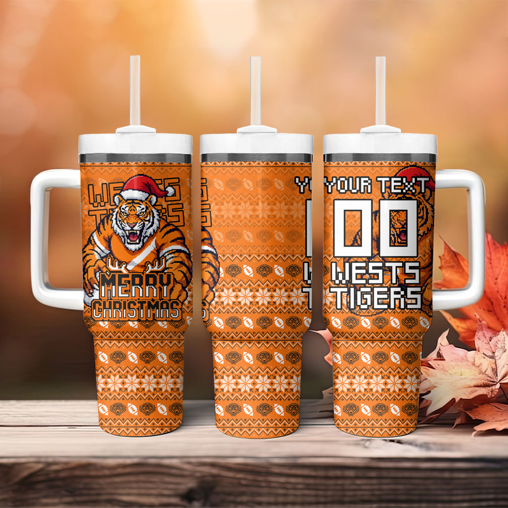 Personalized Wests Tigers Christmas Tumbler With Handle Australian Rugby Fans - Pixelated Ugly Xmas Pattern Mascot Santa