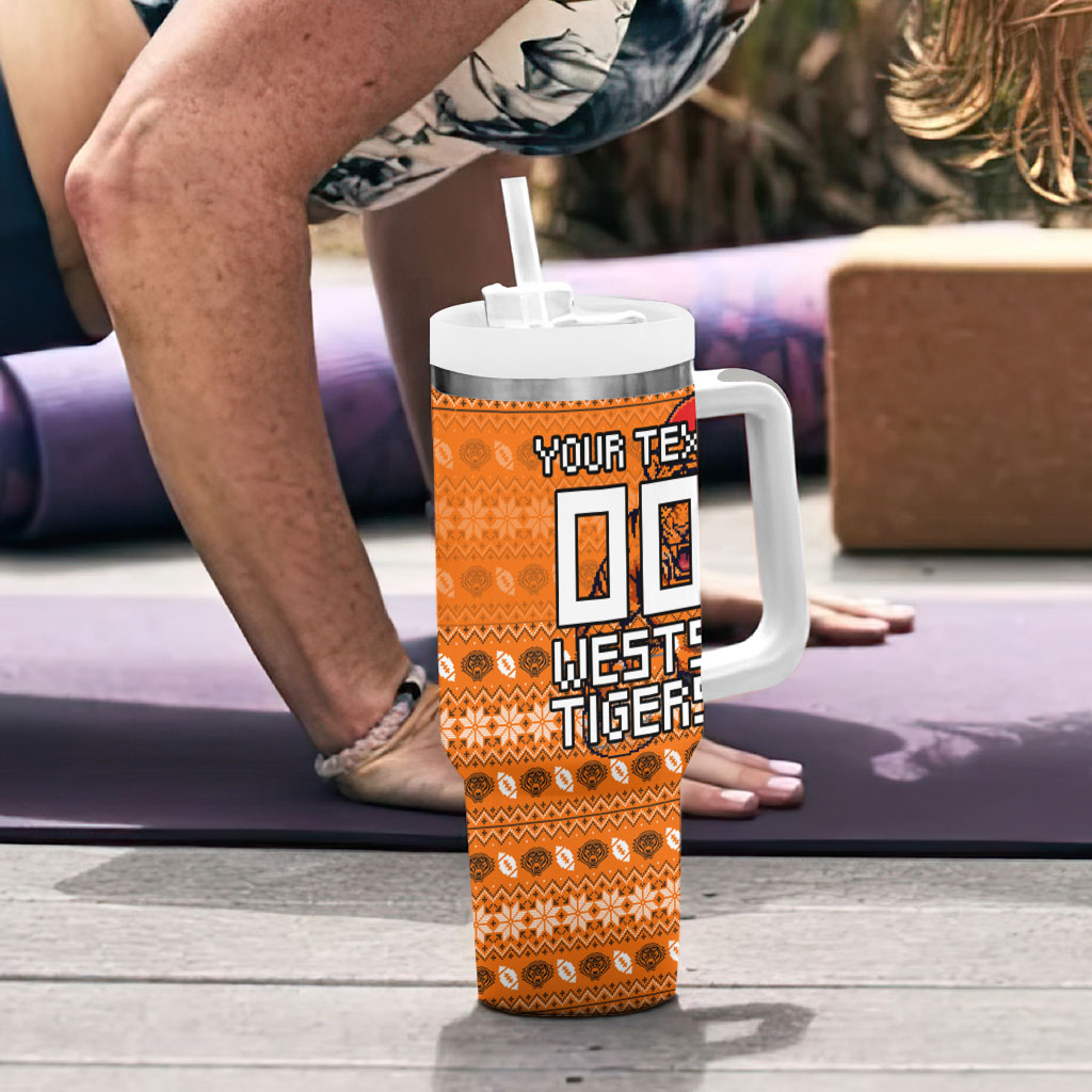 Personalized Wests Tigers Christmas Tumbler With Handle Australian Rugby Fans - Pixelated Ugly Xmas Pattern Mascot Santa