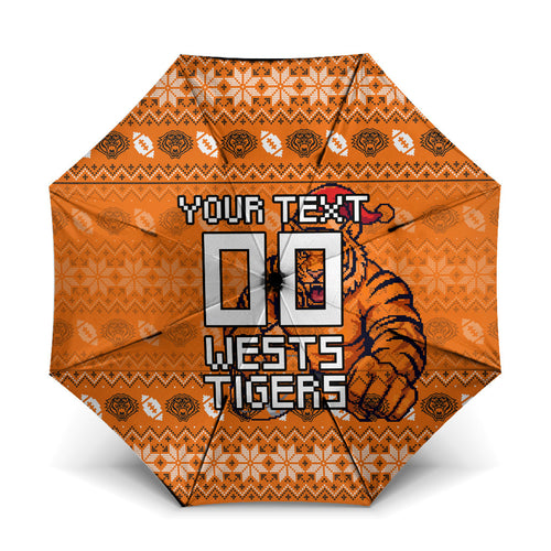 Personalized Wests Tigers Christmas Umbrella Australian Rugby Fans - Pixelated Ugly Xmas Pattern Mascot Santa