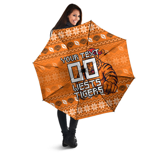 Personalized Wests Tigers Christmas Umbrella Australian Rugby Fans - Pixelated Ugly Xmas Pattern Mascot Santa