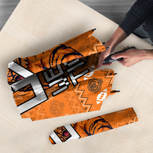 Personalized Wests Tigers Christmas Umbrella Australian Rugby Fans - Pixelated Ugly Xmas Pattern Mascot Santa