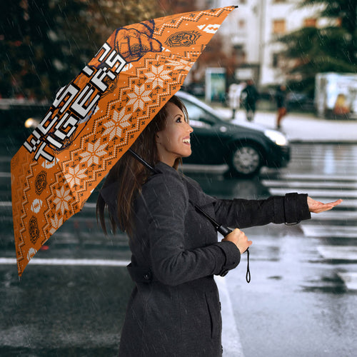 Personalized Wests Tigers Christmas Umbrella Australian Rugby Fans - Pixelated Ugly Xmas Pattern Mascot Santa