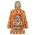 Personalized Wests Tigers Christmas Wearable Blanket Hoodie Australian Rugby Fans - Pixelated Ugly Xmas Pattern Mascot Santa
