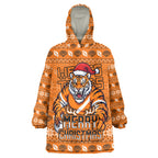Personalized Wests Tigers Christmas Wearable Blanket Hoodie Australian Rugby Fans - Pixelated Ugly Xmas Pattern Mascot Santa