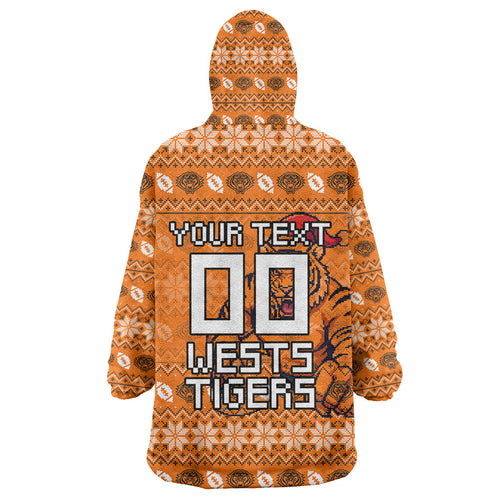 Personalized Wests Tigers Christmas Wearable Blanket Hoodie Australian Rugby Fans - Pixelated Ugly Xmas Pattern Mascot Santa