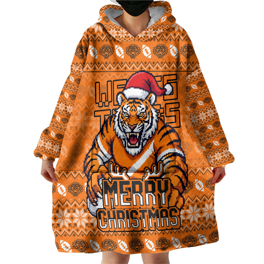 Personalized Wests Tigers Christmas Wearable Blanket Hoodie Australian Rugby Fans - Pixelated Ugly Xmas Pattern Mascot Santa