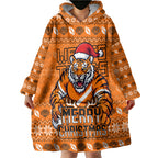 Personalized Wests Tigers Christmas Wearable Blanket Hoodie Australian Rugby Fans - Pixelated Ugly Xmas Pattern Mascot Santa