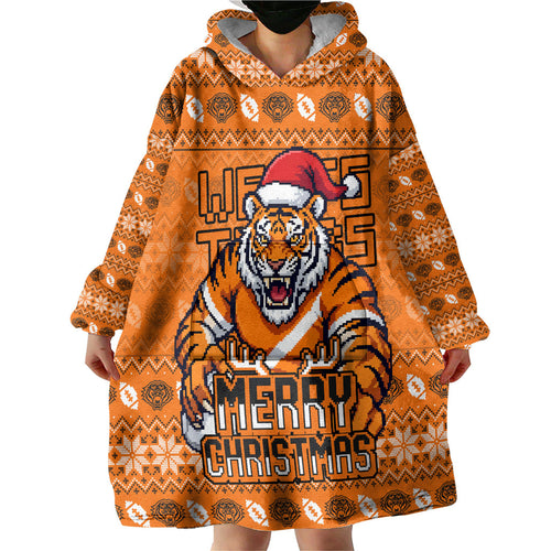 Personalized Wests Tigers Christmas Wearable Blanket Hoodie Australian Rugby Fans - Pixelated Ugly Xmas Pattern Mascot Santa