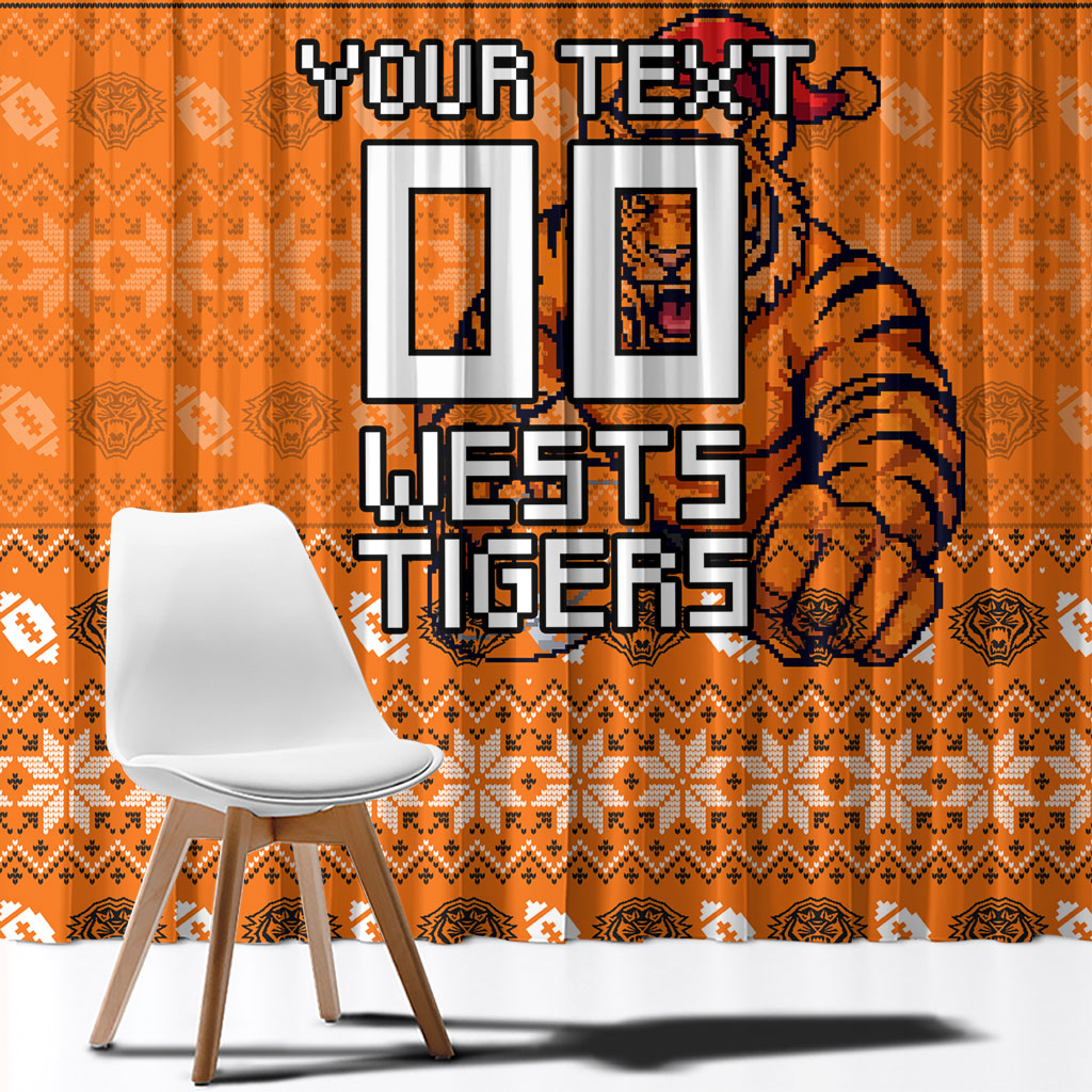 Personalized Wests Tigers Christmas Window Curtain Australian Rugby Fans - Pixelated Ugly Xmas Pattern Mascot Santa