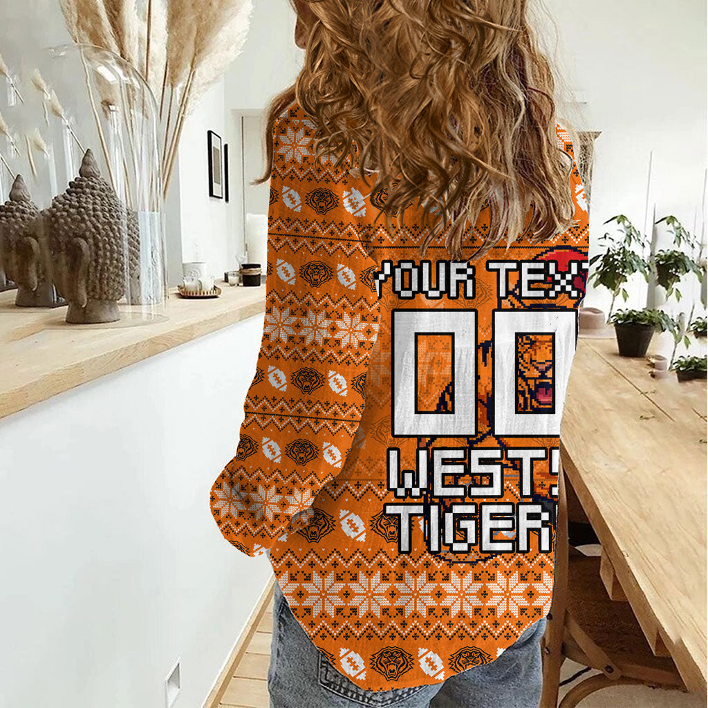 Personalized Wests Tigers Christmas Women Casual Shirt Australian Rugby Fans - Pixelated Ugly Xmas Pattern Mascot Santa