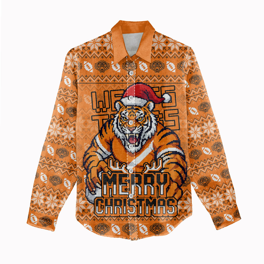 Personalized Wests Tigers Christmas Women Casual Shirt Australian Rugby Fans - Pixelated Ugly Xmas Pattern Mascot Santa