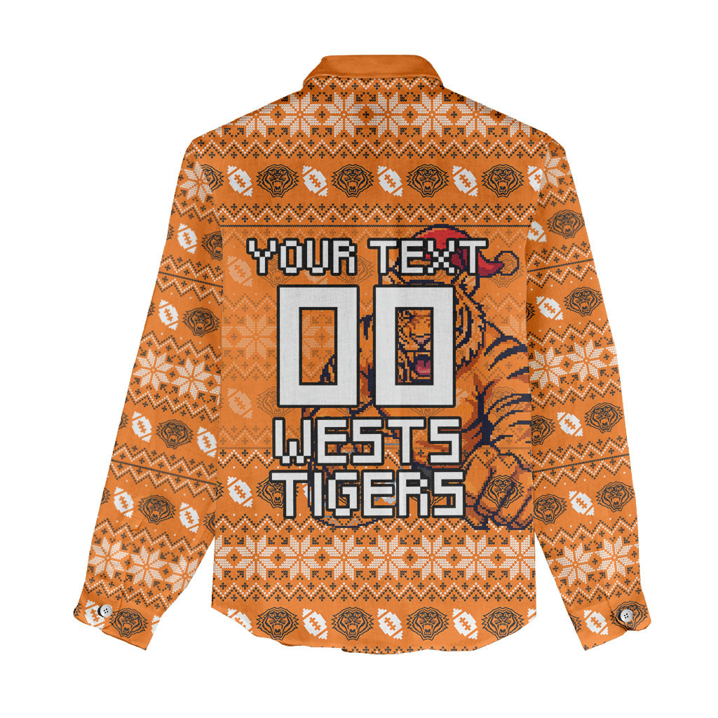 Personalized Wests Tigers Christmas Women Casual Shirt Australian Rugby Fans - Pixelated Ugly Xmas Pattern Mascot Santa