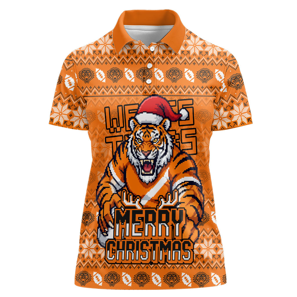 Personalized Wests Tigers Christmas Women Polo Shirt Australian Rugby Fans - Pixelated Ugly Xmas Pattern Mascot Santa