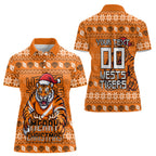 Personalized Wests Tigers Christmas Women Polo Shirt Australian Rugby Fans - Pixelated Ugly Xmas Pattern Mascot Santa