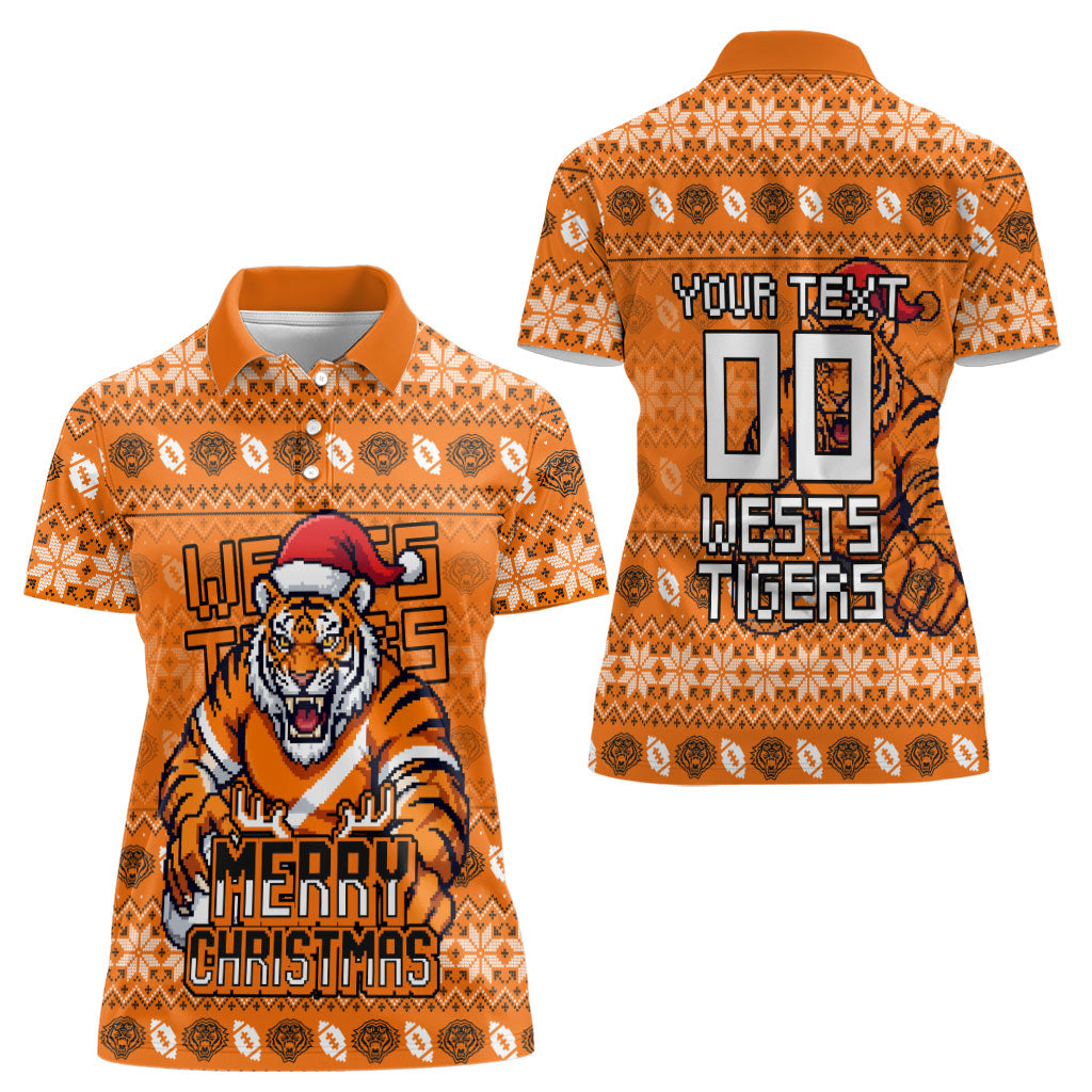 Personalized Wests Tigers Christmas Women Polo Shirt Australian Rugby Fans - Pixelated Ugly Xmas Pattern Mascot Santa
