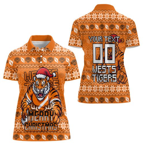 Personalized Wests Tigers Christmas Women Polo Shirt Australian Rugby Fans - Pixelated Ugly Xmas Pattern Mascot Santa
