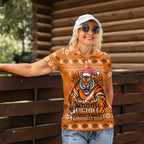Personalized Wests Tigers Christmas Women Polo Shirt Australian Rugby Fans - Pixelated Ugly Xmas Pattern Mascot Santa
