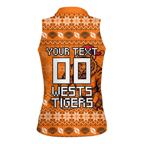 Personalized Wests Tigers Christmas Women Sleeveless Polo Shirt Australian Rugby Fans - Pixelated Ugly Xmas Pattern Mascot Santa