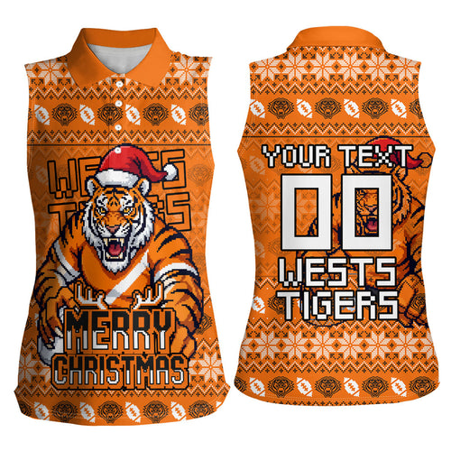 Personalized Wests Tigers Christmas Women Sleeveless Polo Shirt Australian Rugby Fans - Pixelated Ugly Xmas Pattern Mascot Santa