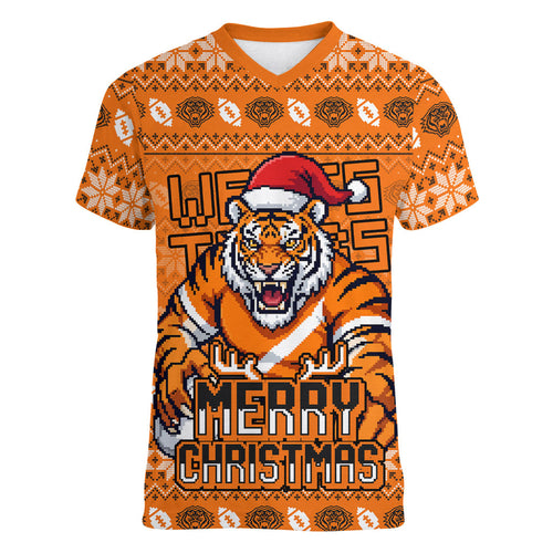 Personalized Wests Tigers Christmas Women V-Neck T-Shirt Australian Rugby Fans - Pixelated Ugly Xmas Pattern Mascot Santa