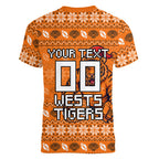 Personalized Wests Tigers Christmas Women V-Neck T-Shirt Australian Rugby Fans - Pixelated Ugly Xmas Pattern Mascot Santa