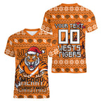 Personalized Wests Tigers Christmas Women V-Neck T-Shirt Australian Rugby Fans - Pixelated Ugly Xmas Pattern Mascot Santa