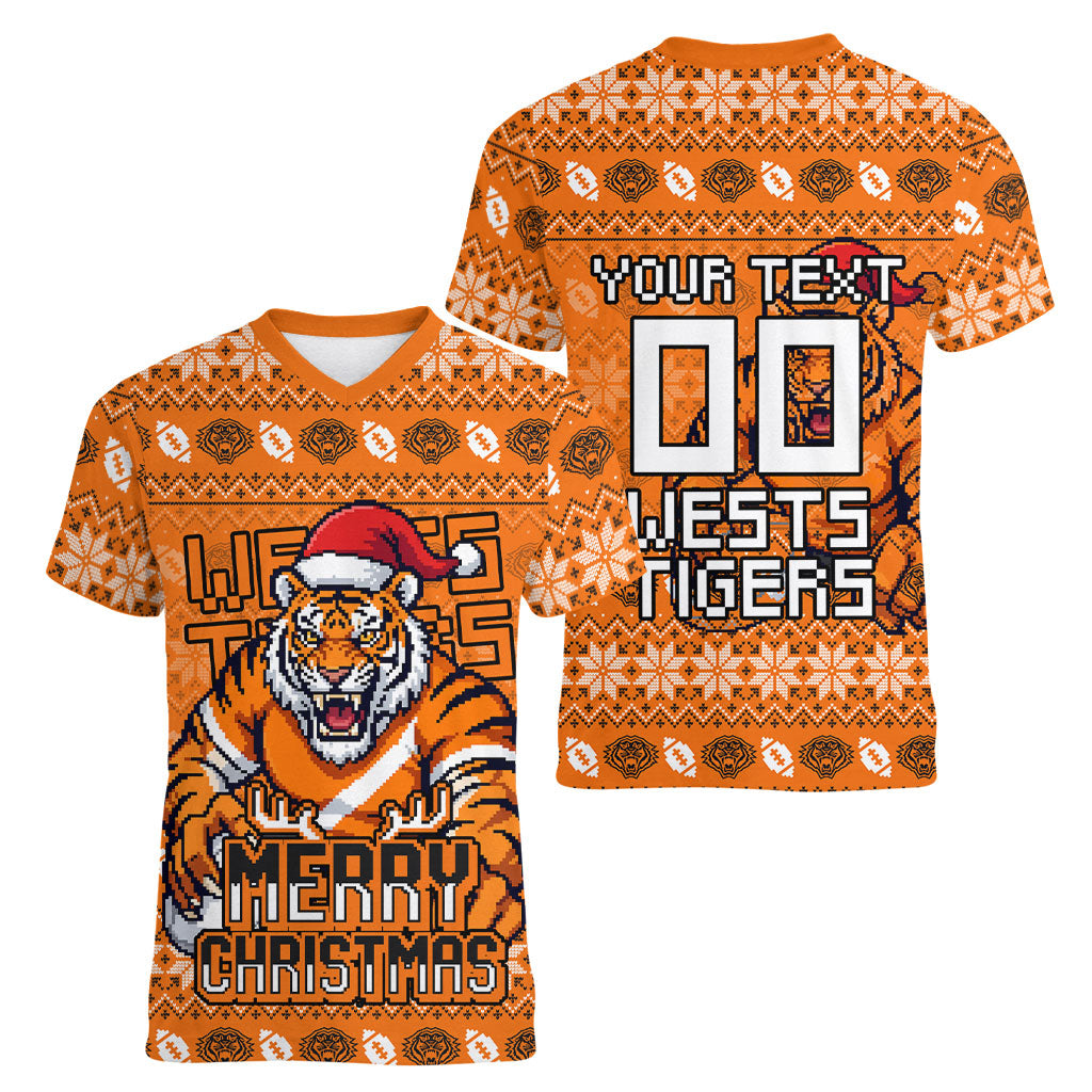 Personalized Wests Tigers Christmas Women V-Neck T-Shirt Australian Rugby Fans - Pixelated Ugly Xmas Pattern Mascot Santa