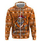Personalized Wests Tigers Christmas Zip Hoodie Australian Rugby Fans - Pixelated Ugly Xmas Pattern Mascot Santa