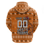 Personalized Wests Tigers Christmas Zip Hoodie Australian Rugby Fans - Pixelated Ugly Xmas Pattern Mascot Santa