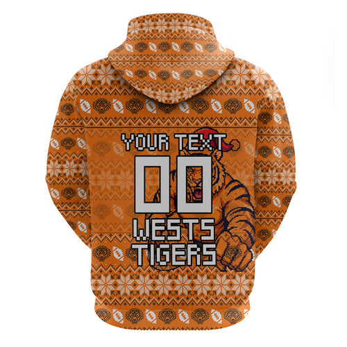 Personalized Wests Tigers Christmas Zip Hoodie Australian Rugby Fans - Pixelated Ugly Xmas Pattern Mascot Santa