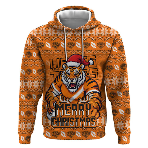 Personalized Wests Tigers Christmas Zip Hoodie Australian Rugby Fans - Pixelated Ugly Xmas Pattern Mascot Santa
