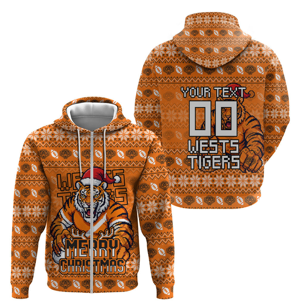 Personalized Wests Tigers Christmas Zip Hoodie Australian Rugby Fans - Pixelated Ugly Xmas Pattern Mascot Santa