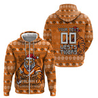 Personalized Wests Tigers Christmas Zip Hoodie Australian Rugby Fans - Pixelated Ugly Xmas Pattern Mascot Santa