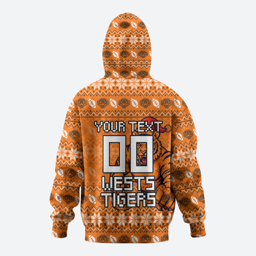 Personalized Wests Tigers Christmas Zip Hoodie Australian Rugby Fans - Pixelated Ugly Xmas Pattern Mascot Santa