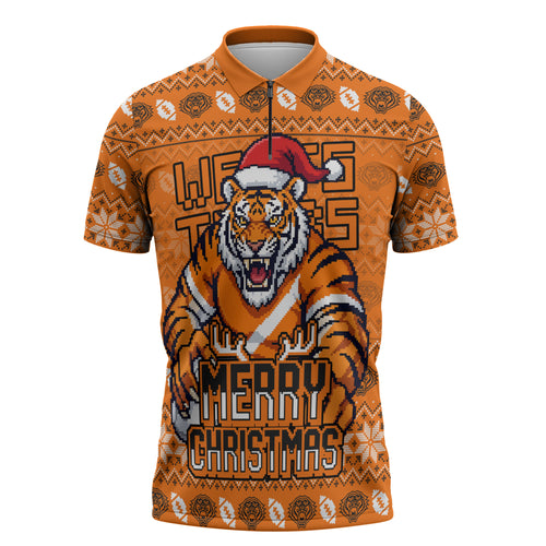 Personalized Wests Tigers Christmas Zipper Polo Shirt Australian Rugby Fans - Pixelated Ugly Xmas Pattern Mascot Santa