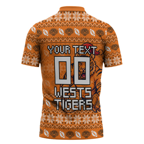 Personalized Wests Tigers Christmas Zipper Polo Shirt Australian Rugby Fans - Pixelated Ugly Xmas Pattern Mascot Santa