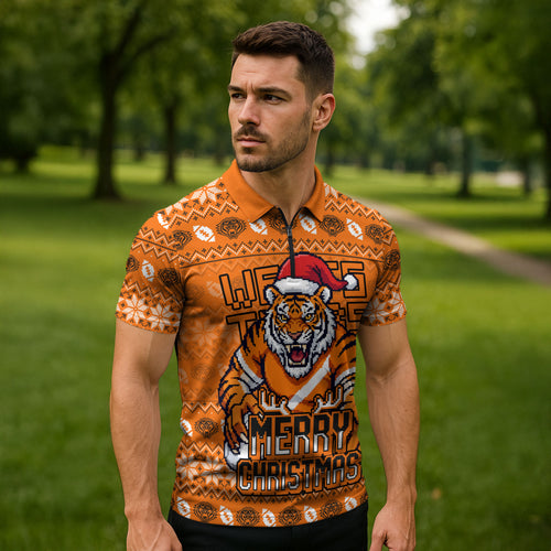 Personalized Wests Tigers Christmas Zipper Polo Shirt Australian Rugby Fans - Pixelated Ugly Xmas Pattern Mascot Santa