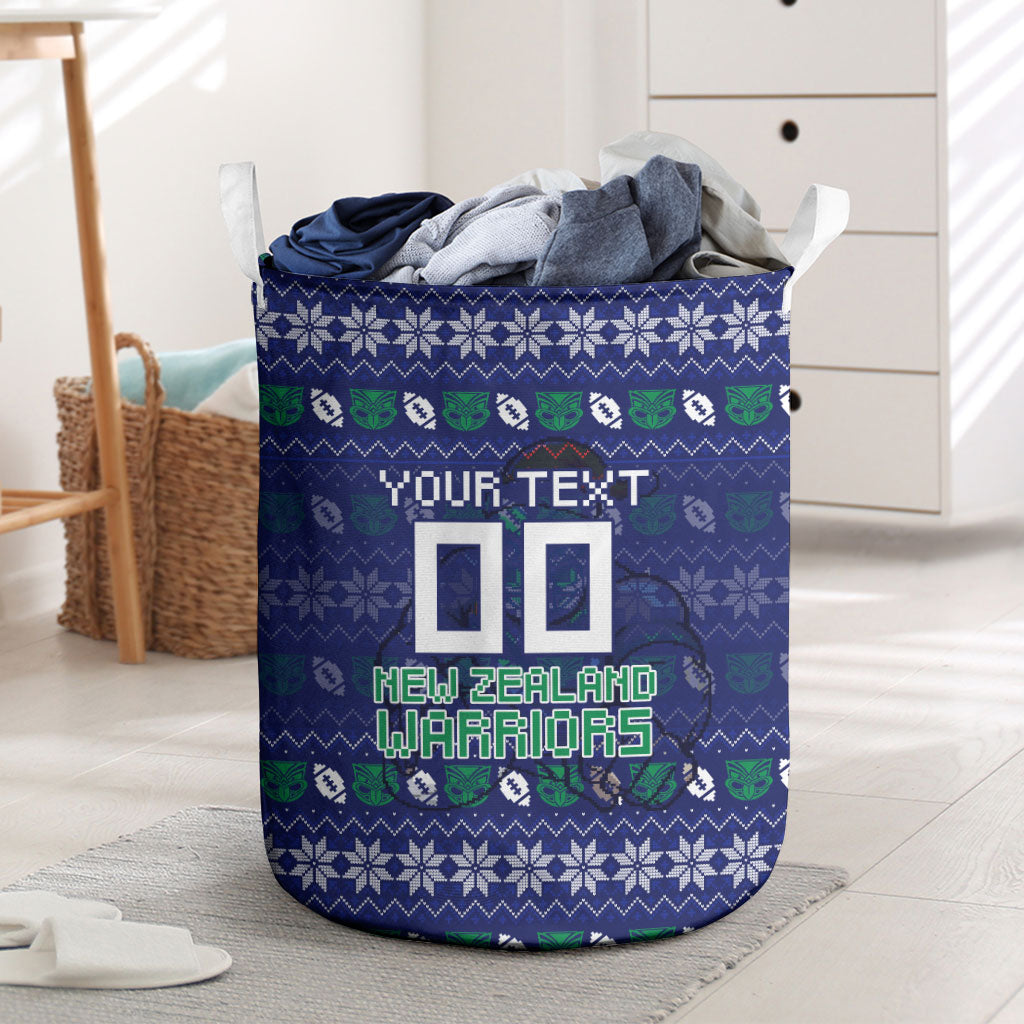 Personalized New Zealand Warriors Christmas Laundry Basket Maori Rugby Fans - Pixelated Ugly Xmas Pattern Mascot Santa