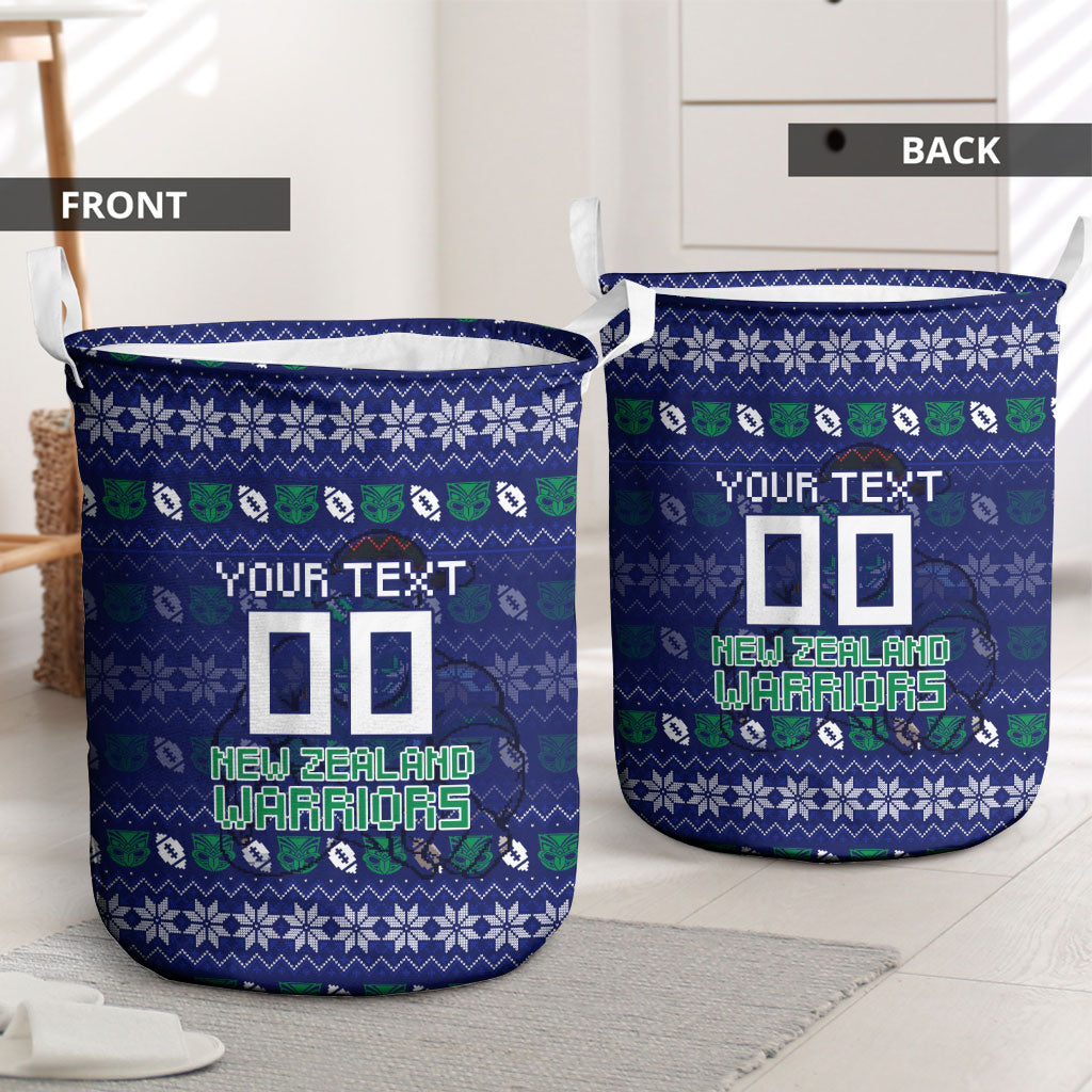 Personalized New Zealand Warriors Christmas Laundry Basket Maori Rugby Fans - Pixelated Ugly Xmas Pattern Mascot Santa
