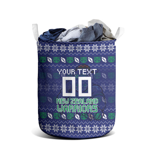Personalized New Zealand Warriors Christmas Laundry Basket Maori Rugby Fans - Pixelated Ugly Xmas Pattern Mascot Santa