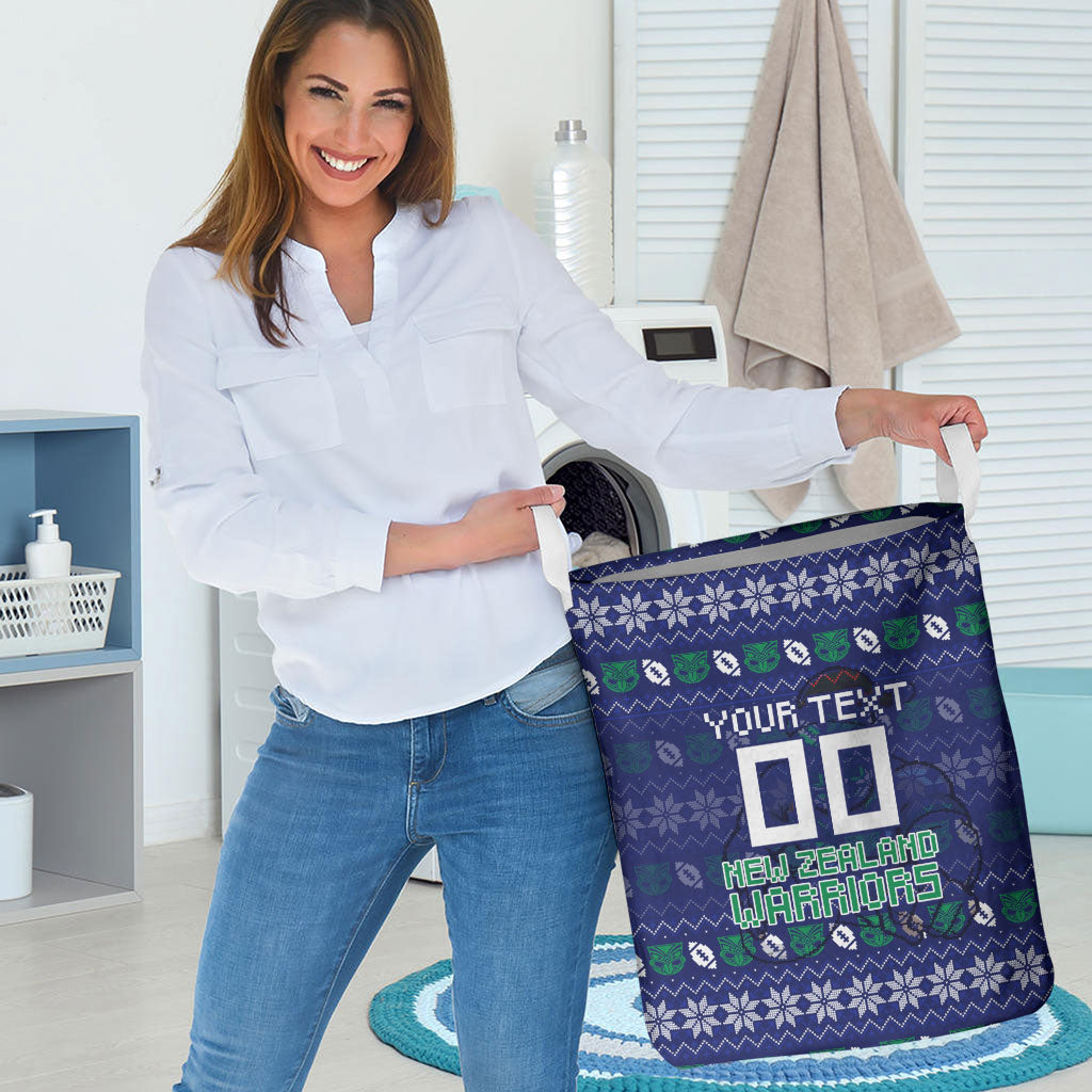 Personalized New Zealand Warriors Christmas Laundry Basket Maori Rugby Fans - Pixelated Ugly Xmas Pattern Mascot Santa