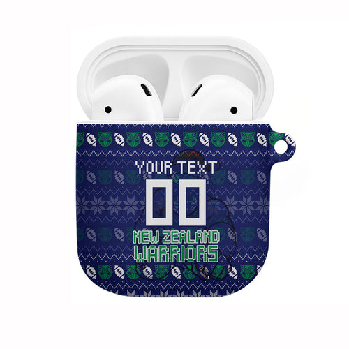 Personalized New Zealand Warriors Christmas AirPods Case Maori Rugby Fans - Pixelated Ugly Xmas Pattern Mascot Santa